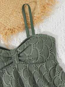 SHEIN 镂空纯色两件式泳衣，适合海滩、度假村和温泉穿着 - 軍綠色 - 查看 4