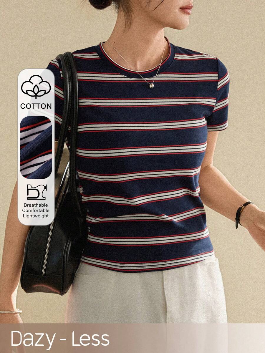 Dazy-Less Camiseta de mujer de manga corta, cuello redondo, ajustada y de color liso para el verano - Azul Marino - Ver 1
