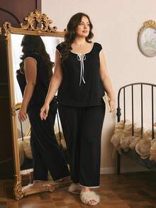 Côtesoire Plus Size Women's Black Notched Collar Contrast Polka Dot Print Decor Front Tie Faux Drawstring Design Soft Comfortable Milk Silk Fabric Hooded Long Pants, Cute Casual Loungewear Set Suitable For Everyday Wear - Black - View 2