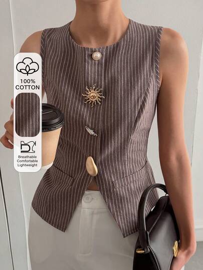 DAZY Women's Striped Metal Single-Breasted Casual Vest Jacket