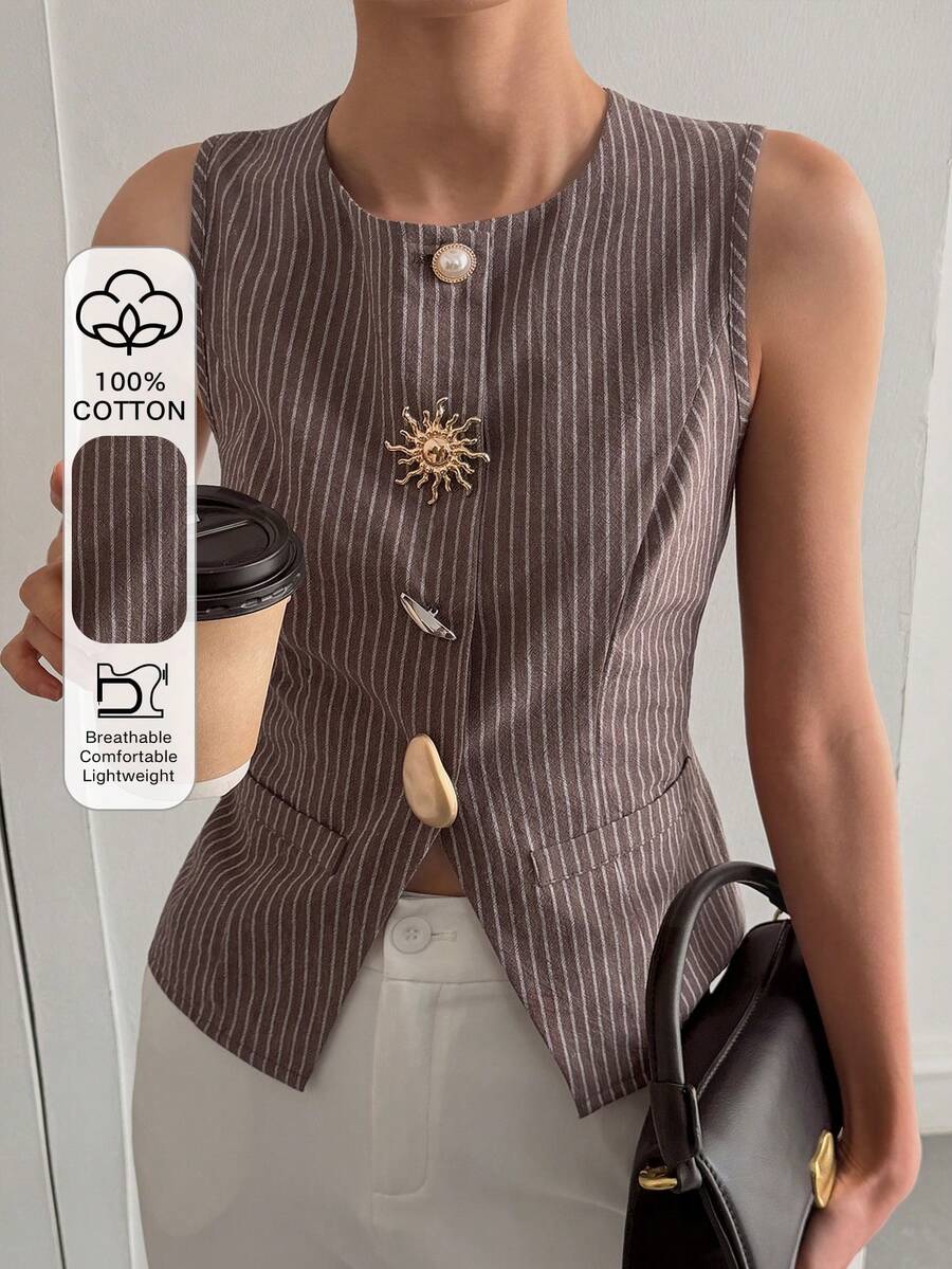 DAZY Randig metallväst med enkelknäppning för kvinnor - Kaffebrun - Visa 1
