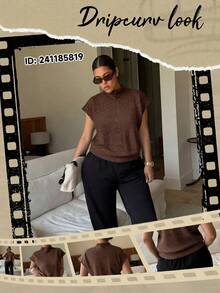 Dripcurv 女士加大码灰色优雅高领宽松休闲百搭无袖针织背心，秋冬季必备 - 棕色 - 查看 8