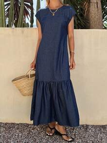 Livesso Women's Cotton Blue Round Neck Sleeveless Ruffle Hem Denim Dress, Summer - Blue - View 6