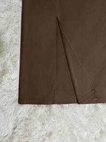 Franclia Women's Solid Color Corduroy Pocket Slit Skirt With Belt - Brown - View 3