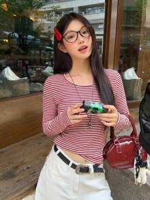 DAZY Kaos Lengan Panjang Kasual Gaya Korea Bergaris Leher Bulat untuk Wanita, Cocok untuk Musim Semi dan Musim Gugur - Red and White - View 5