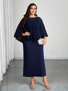 Modelyn Plus Size Elegant Party Solid Color Ruffle Trim Camisole & Dress 2-Piece Set - Navy Blue - View 4