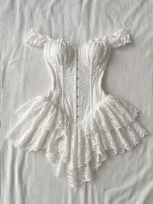 Attitoon Vestido mini asimétrico de mujer con corsé de encaje y estilo retro casual, adecuado para Y2K - Blanco - Ver 4