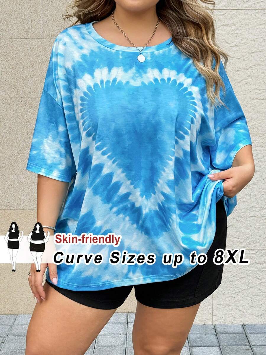 SHEIN CURVE+ 加大码女式爱心扎染印花宽松T恤,情人节 - 藍色 - 查看 1