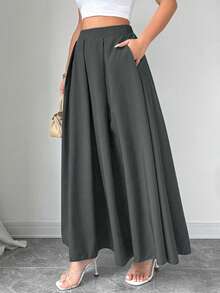 Rafferiza Petite Petite Solid Color A-Line Pocket Waist Skirt For Women Maxi Women Outfit - Grey - View 7