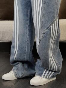 SAYEHFBABY Quần jeans ống loe kẻ sọc tương phản dành cho nữ - Màu xanh lam - Xem 3