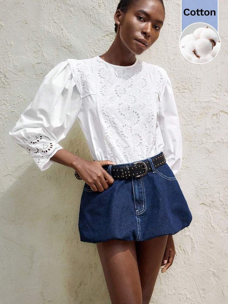 SHEIN Maija Women's White Eyelet Embroidery Splicing Top,Elegant Round Neck White Blouse,Casual Loose Fit Summmer Beachwear,Bohemian Date Resort Wear Outfits