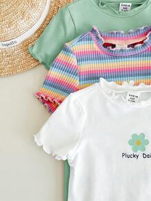 3pcs Newborn Baby Girl Cute Knitted Colorful Striped Floral Pattern Short Sleeve Romper Set, Summer - Multicolor - View 4