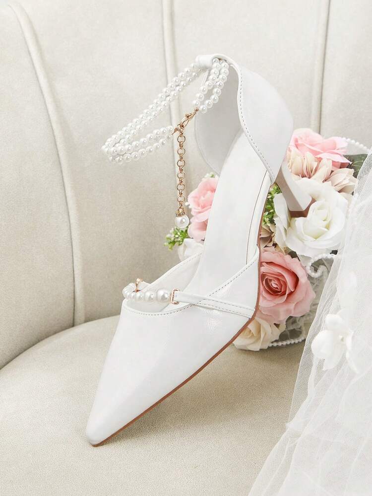 CUCCOO HITCHD Women's Elegant Beaded Chain Decor Pointed Toe Pumps Summer Shoes Wedding Shoes Bride Shoes