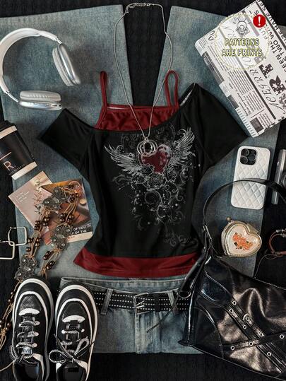 Attitoon T-shirt à manches courtes avec graphique ailes de cœur rétro Y2K punk pour femmes - Streetwear grunge vintage gothique pour le printemps/été, parfait pour les festivals de musique, la rentrée scolaire, les clubs, le hip-hop, la gym, les sports et les tenues de festivals occidentaux