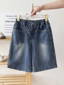 Quần short lửng denim dáng suông thoải mái, đa năng, dành cho bé gái, chất liệu mềm mại và thoáng khí, thích hợp cho các hoạt động mùa hè, đi học và mặc hàng ngày. - Rửa tối - Xem 5