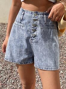 Livesso Shorts di jeans casual con tasche e decorazioni a righe blu, adatti per la spiaggia e le vacanze estive - Blu - Visualizzare 3