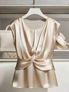 Franclia French Elegant Twist Waist Sleeveless Apricot Poplin Shirt - Apricot - View 1