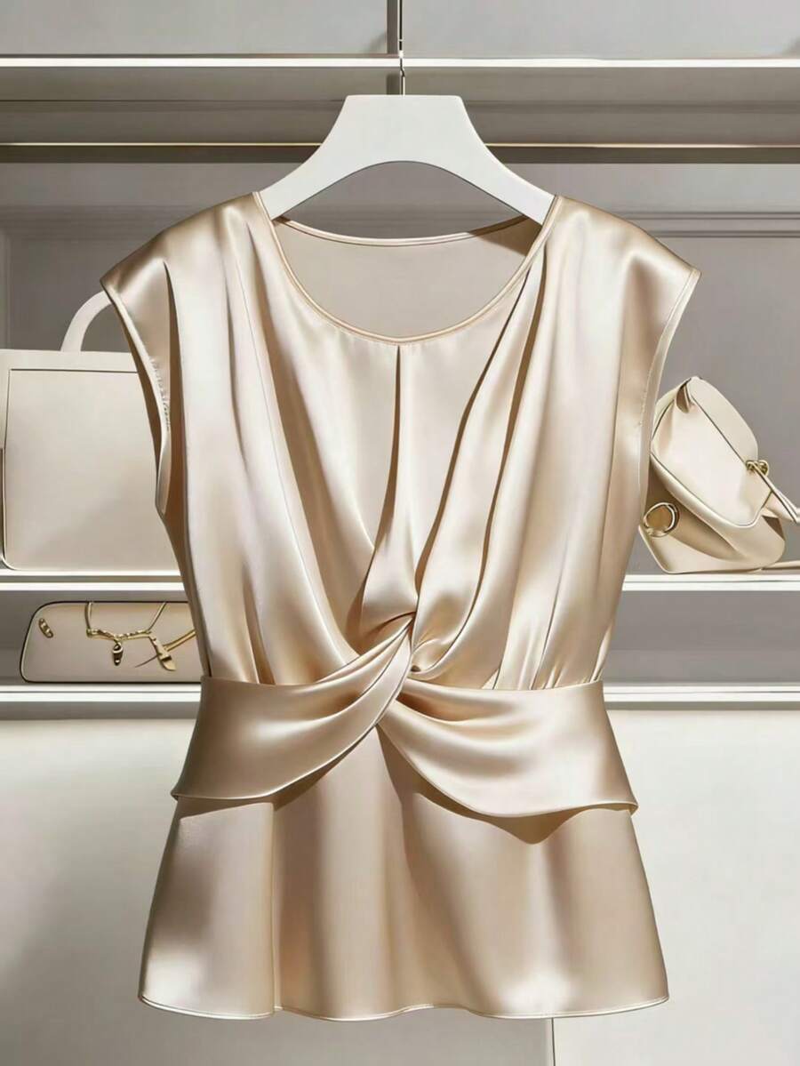 Franclia French Elegant Twist Waist Sleeveless Apricot Poplin Shirt - Apricot - View 1