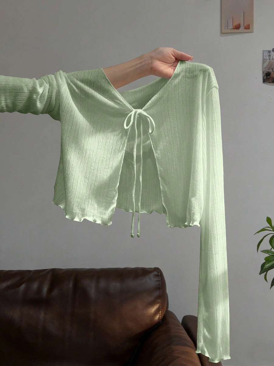 Resyla 法式无袖连衣裙罩衫，荷叶边长袖T恤罩衫，夏季轻薄针织披肩 - 薄荷綠 - 查看 1