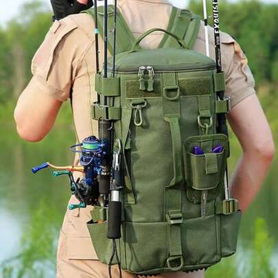 PSKOOK Multifunctional Fishing Backpack Tackle Bag With Rod Holders Fish Equipment Storage Molle Pack Camping Hiking Outdoor Sports Bag