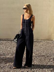 DAZY Women's Oversized Crew Neck Waist Cinched Long Casual Street Style Washed Zip-Up Original Color Denim Jumpsuit Summer - Dark Wash - View 4