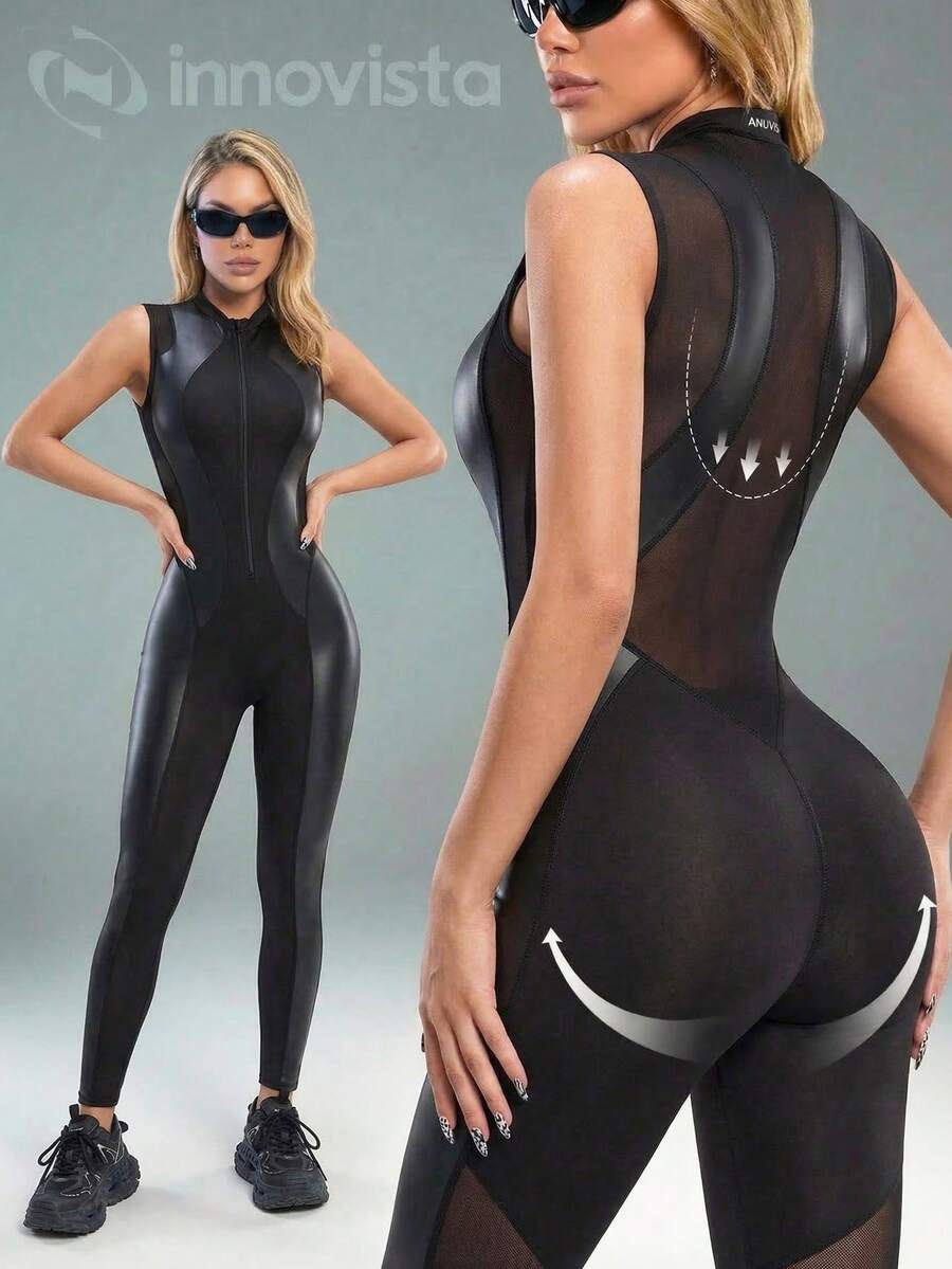 Innovista Women's Mesh Patchwork Zipper Front Equestrian Jumpsuit - Black - View 1