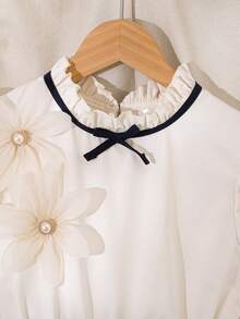 SHEIN Girls' Elegant Versatile Navy Blue And White Short Sleeve Dress,Ruffle Sleeve,Floral Decor,Bow Collar,Summer Party,Back-To-School Performance Dress - Navy Blue - View 5