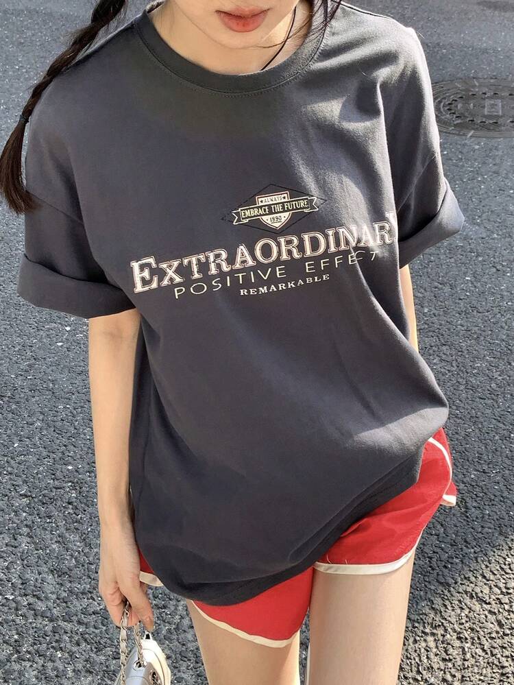 Women's Letter Print Round Neck Casual Loose T-Shirt Graphic Tees Women