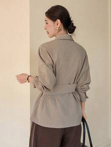 Dazy-Less Women's Striped Drop Shoulder Long Sleeve Side Tie Casual Shirt - Khaki - View 2