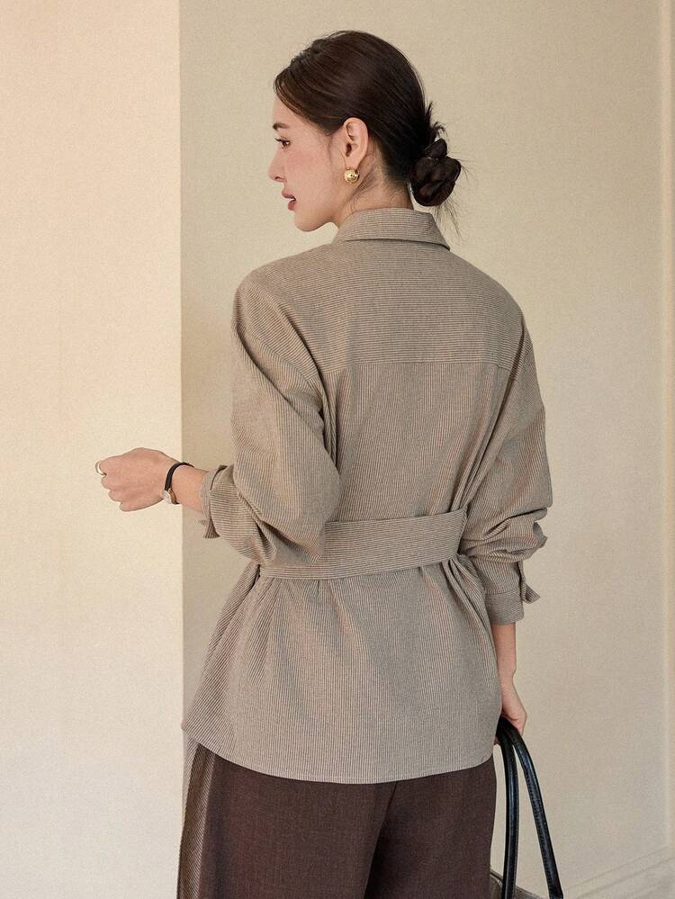 Women's Striped Drop Shoulder Long Sleeve Side Tie Casual Shirt Business Casual Woman