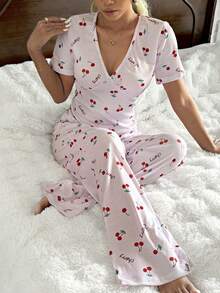 女士樱桃印花短袖上衣和裤子睡衣套装 - 粉色 - 查看 1