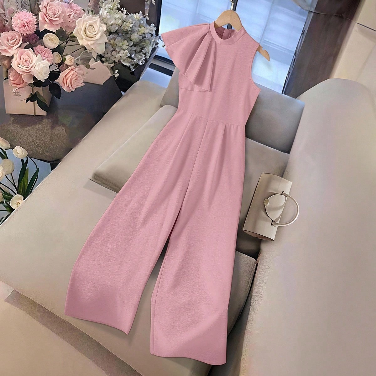 Pieza Mono recto con cremallera, cuello mao y sin mangas de tela de gasa, estilo casual de primavera/verano para niñas, elegante para uso diario, sal