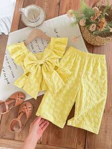 2Pcs Baby Girl Summer Pastel Yellow Cute Vacation Outfit,Ruffled Bow Top And Trousers Set,Lemon Floral Linen Clothes For Toddler Girls Summer Coord - Yellow - View 5