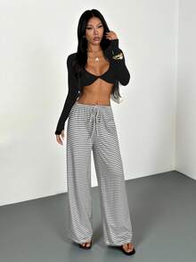 SHEIN PETITE 女士休闲针织条纹宽松阔腿长裤，舒适时尚，日常通勤 - 黑色 - 查看 4