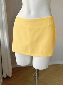 Comfortcana 女士纯色浅黄色简约日常穿搭半身裙 - 鵝黃色 - 查看 4