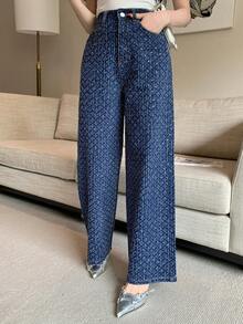 DAZY Women's Casual Loose Straight Leg Jeans With Textured Floral And Striped Pattern, Suitable For Spring And Summer - Navy Blue - View 7