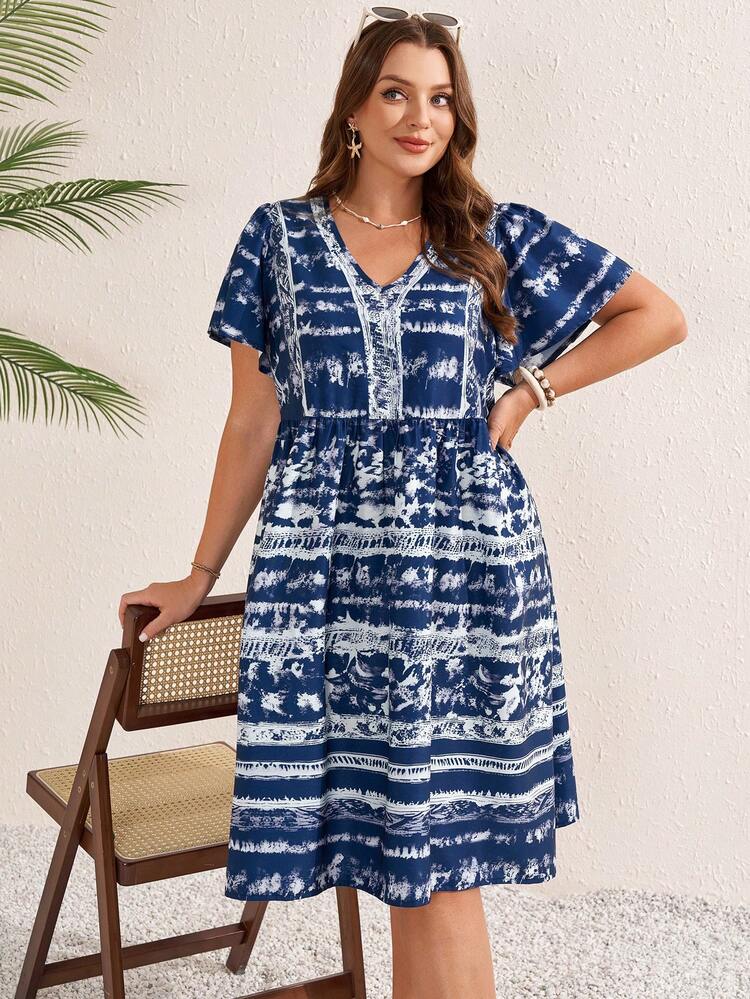 Plus Size Women's Summer Casual Vacation Country Tie-Dye Print Ruffle Sleeve Casual Blue Dress,Summer Outfits For Women ,Vacation Outfits Women ,Holiday Outfits For Women,Going Out Outfits,2026 New Clothes,Simple And Fashionable For Everyday Wear,Suitable For Summer, Vacation, Daily Wear, Festival Outfits For Women,Country Concert Outfit,Beach Outfits For Women,Western Style,Flowy Dress
