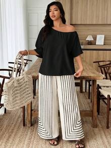 Weeklong Bộ áo và quần short in họa tiết bất đối xứng vai dành cho nữ cỡ lớn, thích hợp cho mùa xuân/hè. - Nhiều màu - Xem 3