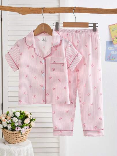 2pcs/Set Toddler Girls' Cute Sweet Pink Striped Bow Decor Bubble Crinkle Fabric Print Short Sleeve Cardigan And Pants Casual Comfortable Home Outfit Spring/Summer Pink Sweet Style Pyjamas For Kids For Girls Pj Set For Girls