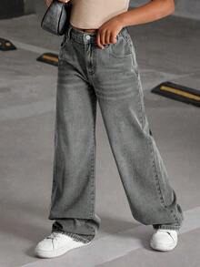 SHEIN Explorewe Quần jeans ống rộng denim mài bạc kiểu retro đa năng, dễ phối đồ cho bé gái tuổi teen. - Xám - Xem 5