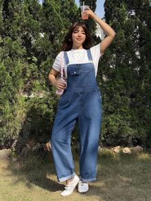Muchica 大码女式休闲宽松牛仔连体裤，带口袋，阔腿背带裤，宽松背带裤，牛仔背带裤，连体裤，女式工装背带裤，高个女式连体裤 - 藍色 - 查看 5