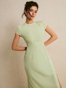 Poéselle Women's Plaid Round Neck Short Sleeve Side Slit Hem Dress,Green And White Summer Elegant Chinese Style Country Casual Brunch Wedding Guest Outfits - Green - View 6