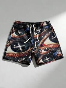 ROMWE MEN Street Life Men's Casual Fashion Street Full-Print Eye Pattern Drawstring Waist Shorts, Summer - Multicolor - View 2