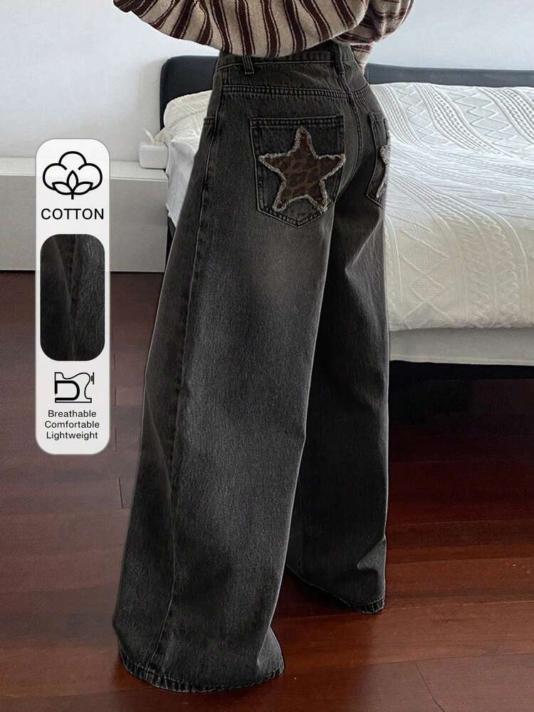 Women's Star Pocket Decor Straight Leg Jeans, Casual Street Style Y2k