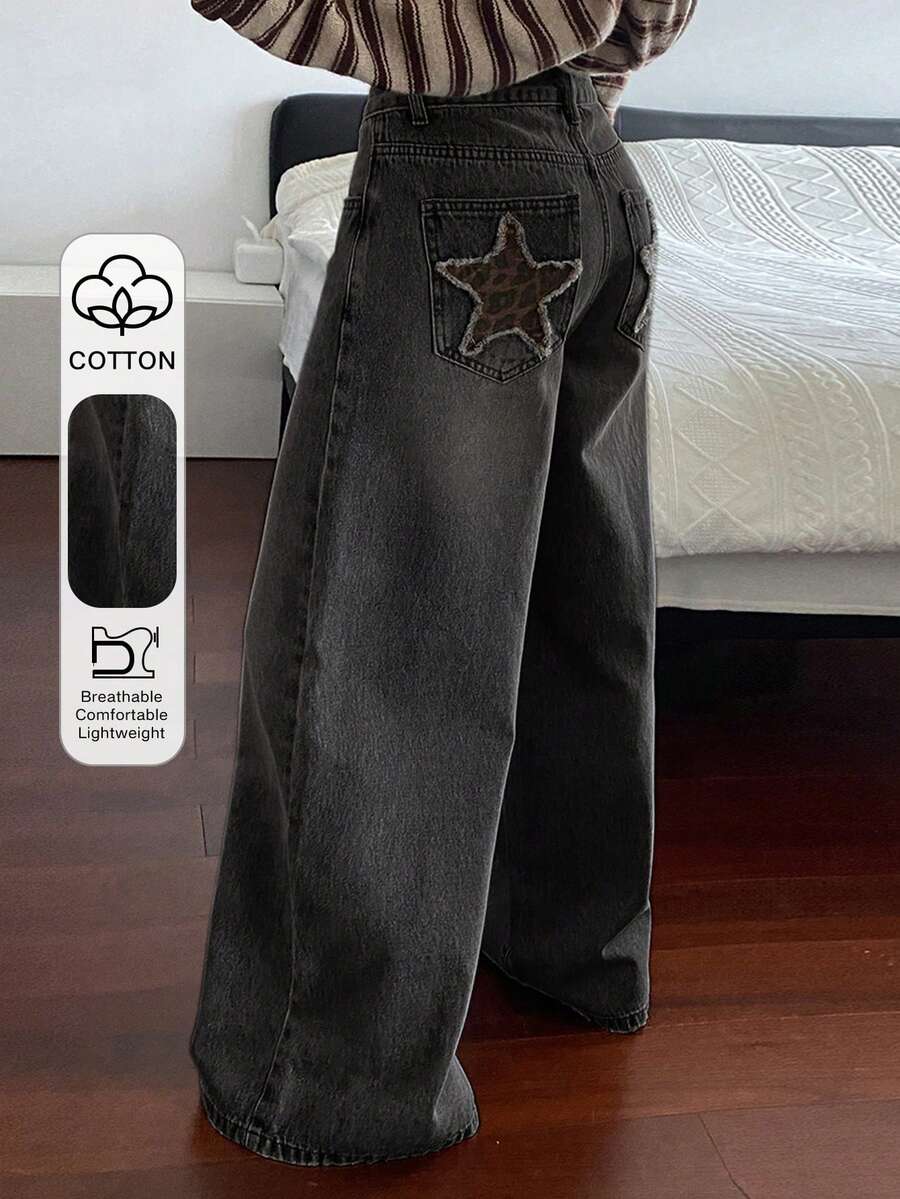 DAZY Jeans de pierna recta con decoración de bolsillo con estrella para mujer, estilo casual de calle Y2K - Negro - Ver 1