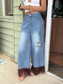 Sunnyshic Women's Casual Washed Distressed Fringe Hem Jeans - Blue - View 5