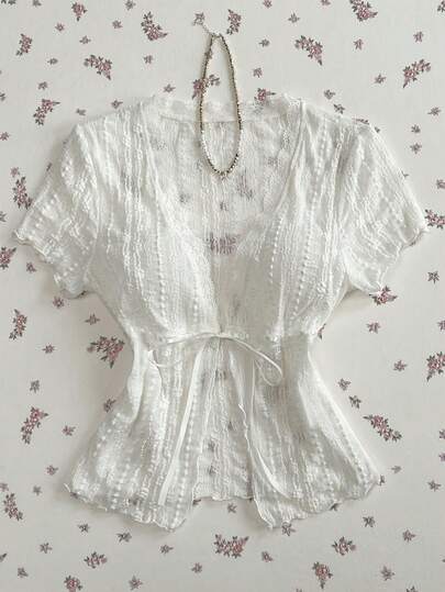 Elamini 白色蕾丝条纹碎花面料衬里V领前系腰短袖衬衫，尽显女性优雅时尚，适合春夏通勤、度假、日常穿着、约会等场合，百搭实用。