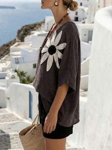 Weeklong Blusa holgada de manga de murciélago con cuello en V y aplicaciones para mujer de talla grande, primavera/verano - Marrón - Ver 5