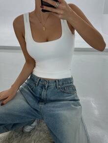 DAZY 女士休闲日常通勤简约纯色罗纹针织修身背心，夏季 - 白色 - 查看 4