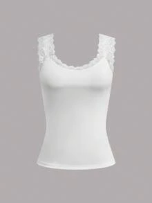Calvaya Plus Size Solid Color Round Neck Wide Strap Sleeveless Summer Ribbed Lace Patchwork Tank Top - Multicolor - View 3